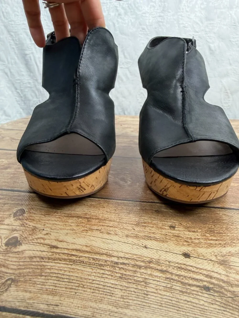 Franco Sarto Women’s Black Leather Peep Toe Cork Wedge Sandals Ankle Strap 10